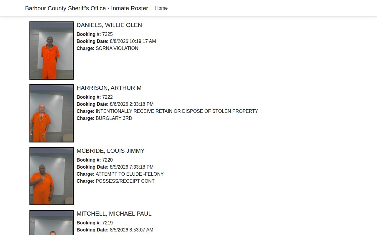 Barbour County Jail current-custody roster and booking photo interface