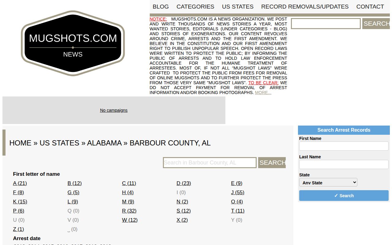 Historical unofficial Barbour County mugshot archive interface