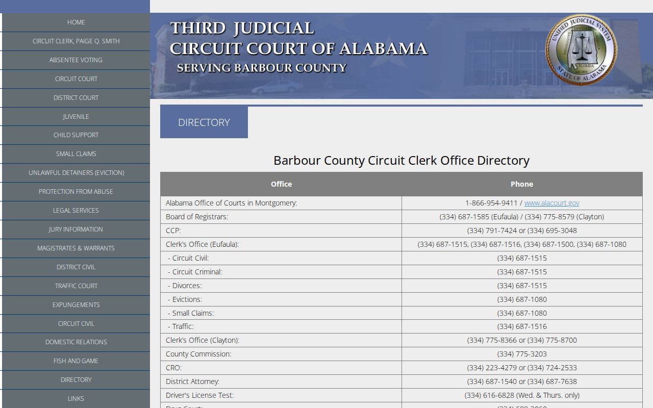 Barbour County warrant record clerk directory